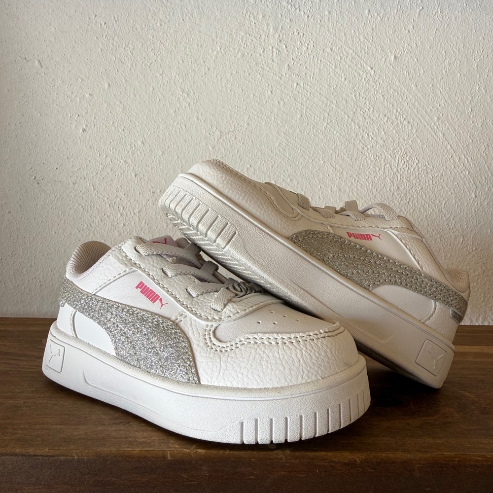 Puma Carina Girls Size 7C Platform Sneakers White Silver Glitter Pink 399164-01